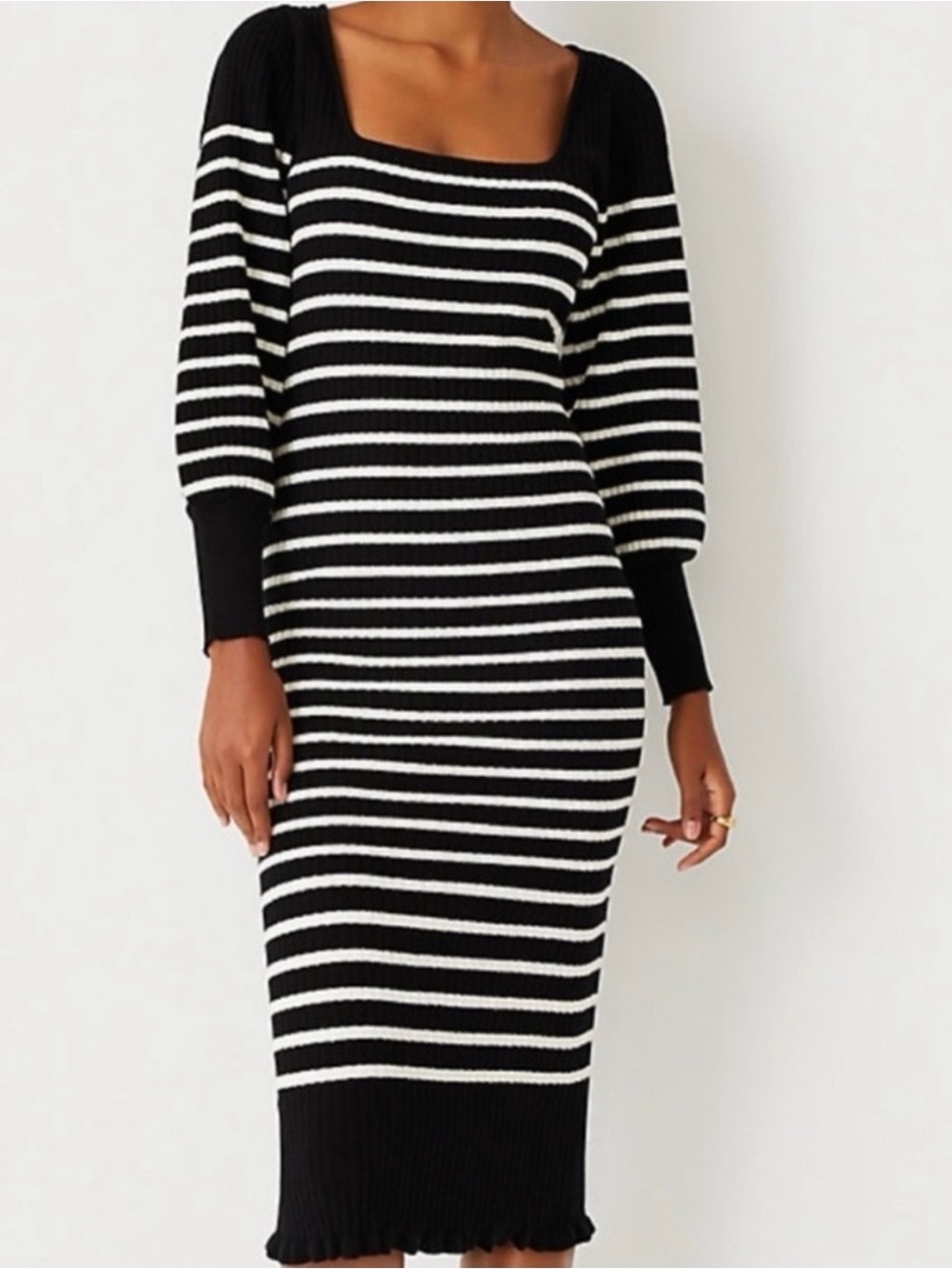 Ann Taylor Black and White Striped Ribbed Long Sleeve Midi Dress